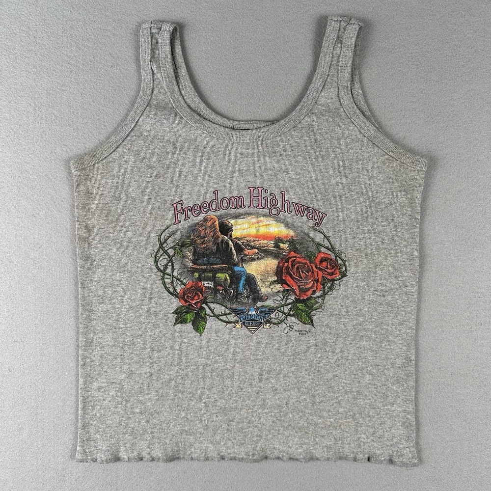 Vintage Y2K Biker Tank Top Women's Large Gray Ribbed Freedom Highway Roses 2000